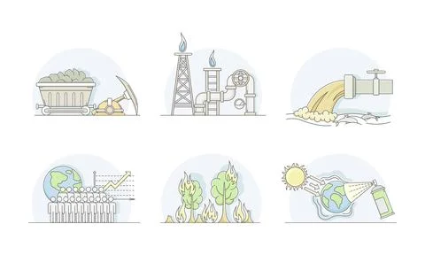 World Resources with Coal Mining, Gas and Global Warming Line Vector Set Stock Illustration