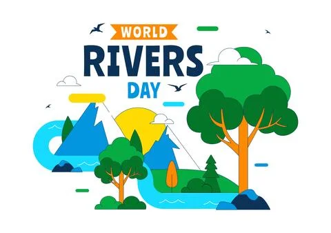 World Rivers Day Vector Illustration Featuring Flowing River Landscape, For.. Stock Illustration