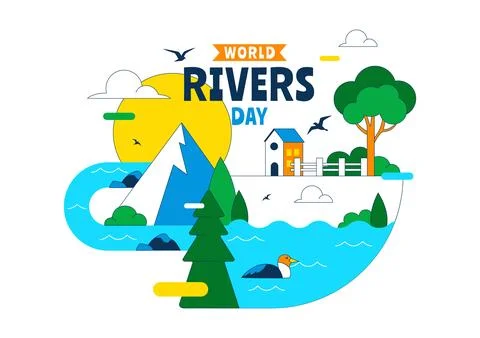 World Rivers Day Vector Illustration Featuring Flowing River Landscape, For.. Stock Illustration