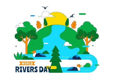 World Rivers Day Vector Illustration Featuring Flowing River Landscape, For.. Stock Illustration