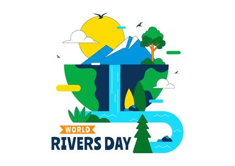 World Rivers Day Vector Illustration Featuring Flowing River Landscape, For.. Stock Illustration