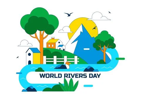 World Rivers Day Vector Illustration Featuring Flowing River Landscape, For.. Stock Illustration