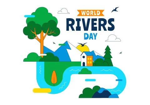 World Rivers Day Vector Illustration Featuring Flowing River Landscape, For.. Stock Illustration