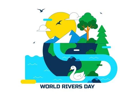World Rivers Day Vector Illustration Featuring Flowing River Landscape, For.. Stock Illustration
