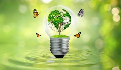 World shaped tree in light bulb concept of environmental conservation and pro Stock Photos