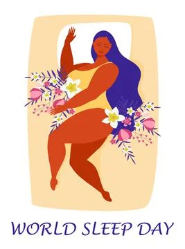 World sleep day concept vector. Beautiful woman is sleeping in bed. Sweet dre Illustrazione stock