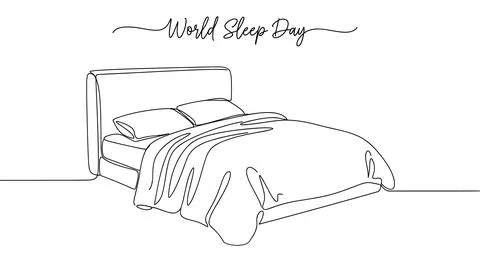 World Sleep Day continuous line drawing of empty bed with blanket and pillow vec Stockillustratie