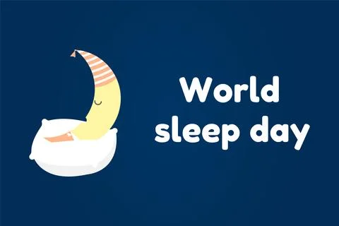 World sleep day. Sleeping moon icon on a pillow and wearing a sleep cap Stock Illustration
