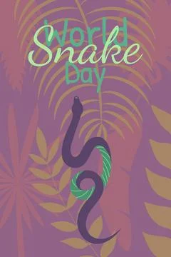 World snake day poster. Vector hand drawn illustration with snake, jungle leaf 스톡 일러스트