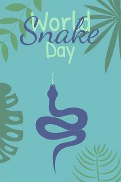 World snake day poster. Vector hand drawn illustration with snake, monstera and Stock Illustration