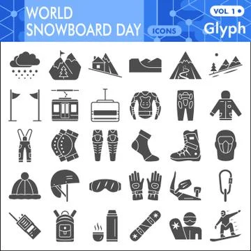 World snowboard day solid icon set, Winter sports symbols collection or sketches 스톡 일러스트