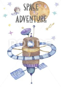 World Space station orbiting around earth, Cute watercolor cartoon illustrati Stock Illustrationen