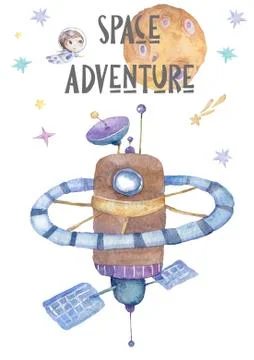World Space station orbiting around earth, Cute watercolor cartoon illustrati Illustrazione stock
