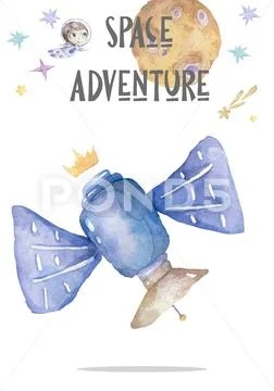 World Space station orbiting around earth, Cute watercolor cartoon illustrati Stock Illustrationen