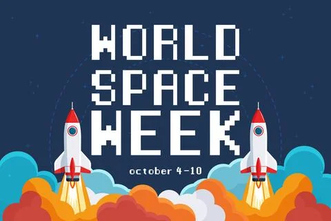 World Space Week flat vector illustration featuring a space shuttle and cos.. Stock Illustration