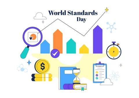 World Standards Day Illustration Featuring Global Quality Assurance, Certif.. Stock Illustration
