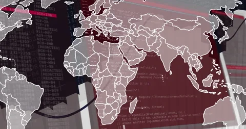 World starting rising bars under white map shifting code windows and red bar Stock Footage 313328420