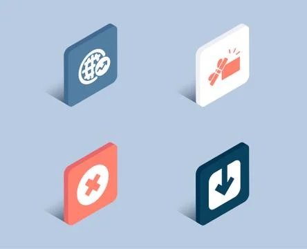 World statistics, Opened gift and Close button icons. Load document sign. Stock Illustration