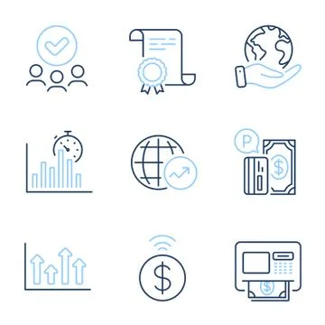 World statistics, Report timer and Upper arrows icons set. Contactless payment Stock Illustration