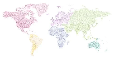 World stipple textured map colored by continents. Vector illustration Stock Illustration