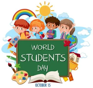 World Students Day logo or banner with group of childrens and student items イラスト素材