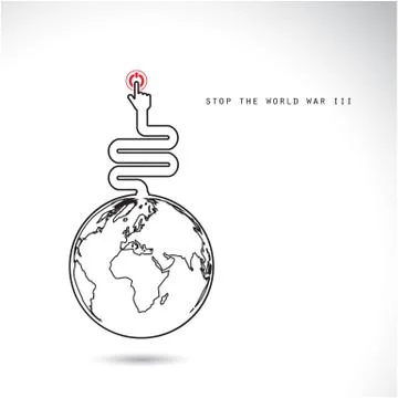 World symbol with hands press the button, stop the world war III concept Stock Illustration