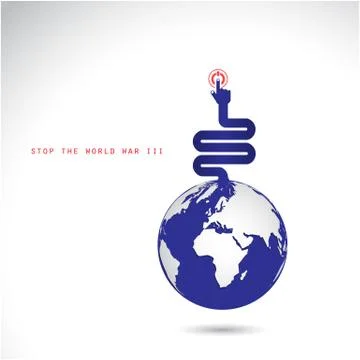 World symbol with hands press the button, stop the world war III concept. Stock Illustration