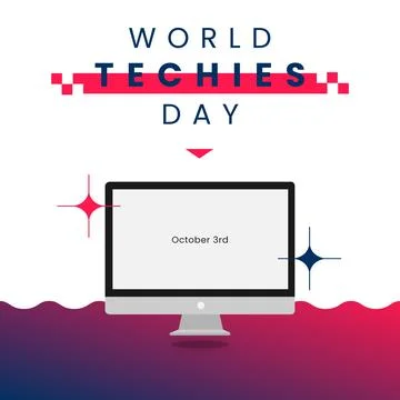 World techies day text in blue with computer screen and red and blue patterns on イラスト素材