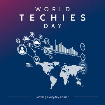 World techies day text in white with network of media icons, world map and data, Illustrazione stock