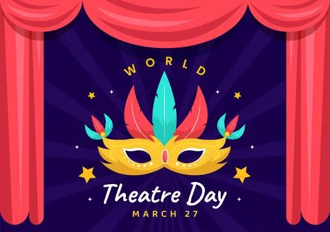 World Theatre Day Vector Illustration on March 27 with Mask and Red Curtain.. イラスト素材