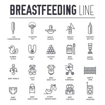 World thin line breastfeeding week and kids elements flat icon set concept Stock Illustration