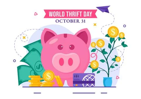 World Thrift Day Vector Illustration on 31 October with a Piggy Bank and Co.. Stock Illustration