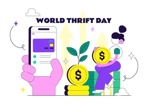 World Thrift Day Vector Illustration Featuring Smart Saving, Piggy Bank, Fi.. Illustrazione stock