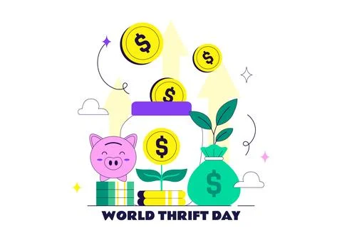 World Thrift Day Vector Illustration Featuring Smart Saving, Piggy Bank, Fi.. Illustrazione stock