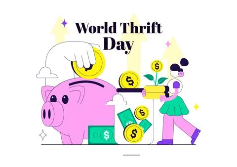 World Thrift Day Vector Illustration Featuring Smart Saving, Piggy Bank, Fi.. Illustrazione stock