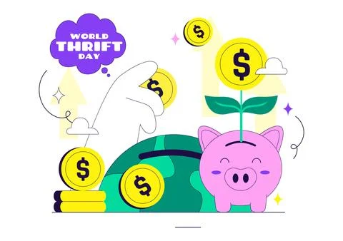 World Thrift Day Vector Illustration Featuring Smart Saving, Piggy Bank, Fi.. 스톡 일러스트