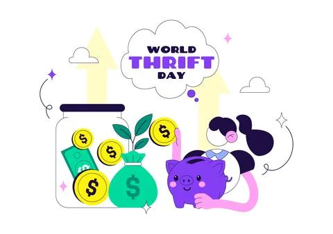 World Thrift Day Vector Illustration Featuring Smart Saving, Piggy Bank, Fi.. Illustrazione stock