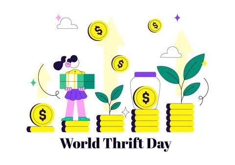 World Thrift Day Vector Illustration Featuring Smart Saving, Piggy Bank, Fi.. Illustrazione stock