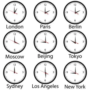 World time zone with wall clocks showing time in different cities of the worl Stock Illustration