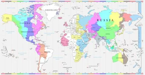 World time zones map, and political map of the world. Stock Illustration