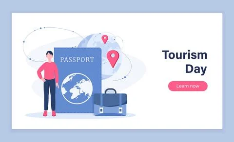 World tourism day poster. Man near foreign passport with briefcase. Travel and Stock Illustration