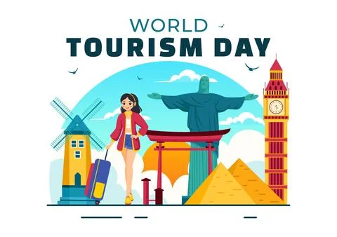 World Tourism Day Vector Illustration featuring a Globe and Famous Landmark.. イラスト素材