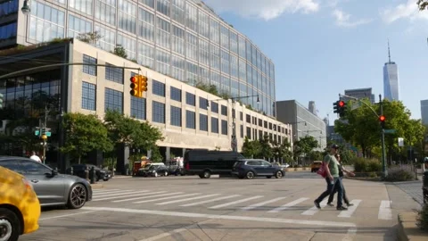 World Trade Center skyscraper, Manhattan. St. John's Terminal Google office Stock Footage 346601469