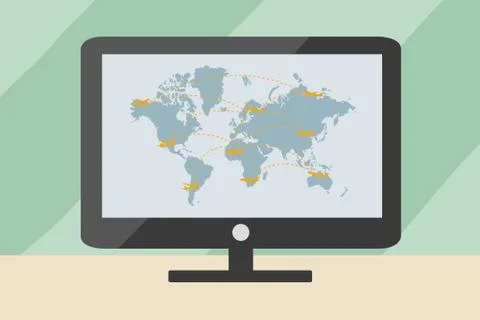 World transportation map with airplanes on computer. eps 10 vector format Illustrazione stock