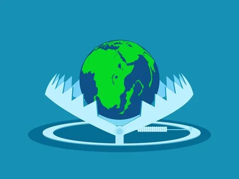 World is trapped. Globe in a bear trap. vector Illustrazione stock