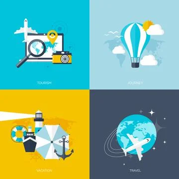 World travel concept backgrounds set. Flat icons. Tourism Holidays and vacation Stock Illustration