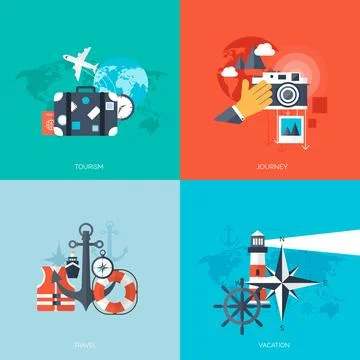 World travel concept backgrounds set. Flat icons. Tourism Holidays and vacation Stock Illustration