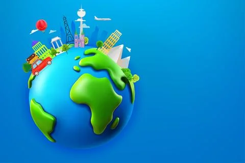 World travel concept with different world sights. 3d vector banner with cop.. Stock Illustration