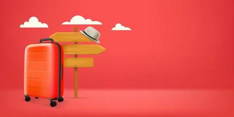World travel concept with pointer and handbag. 3d vector banner with copy spa 库存插图