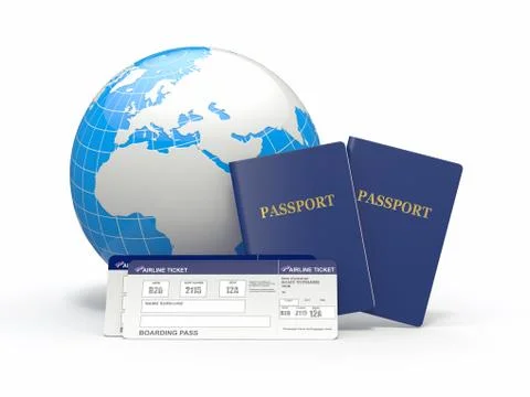 World travel. earth, airline tickets and passport on white background. Stock Illustration